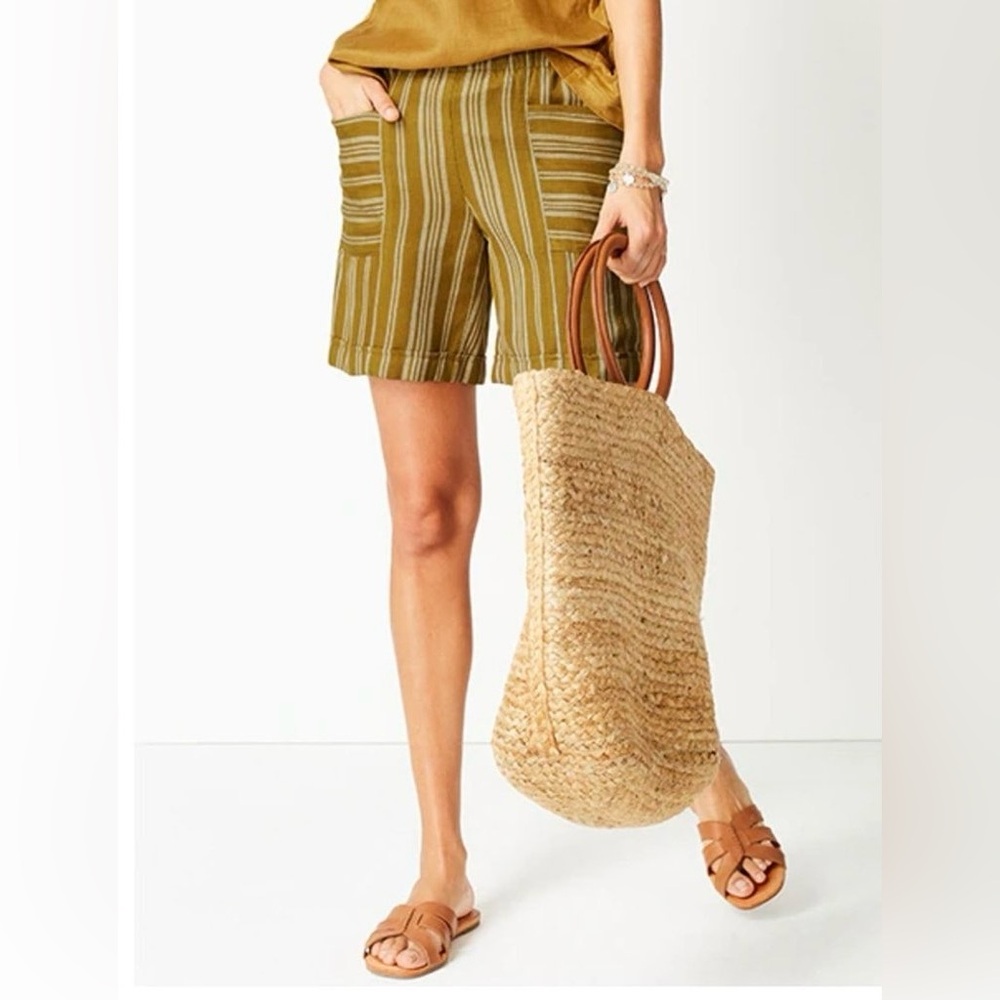 J. Jill Linen Blend Guilded Coin Striped Cuffed Elastic Waist Shorts Size Small